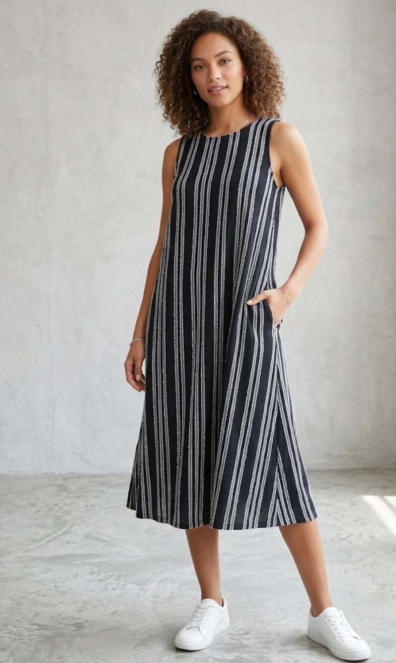 LOFT Vertical Striped Sleeveless Midi Dress with Pockets